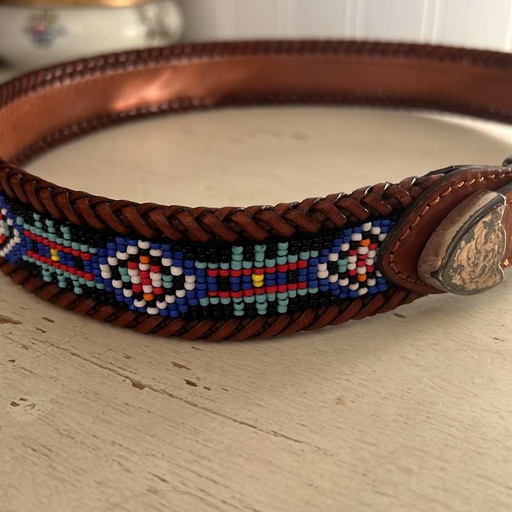 ‘90’s Eddie Bauer beaded western belt silver plated buckle size 28